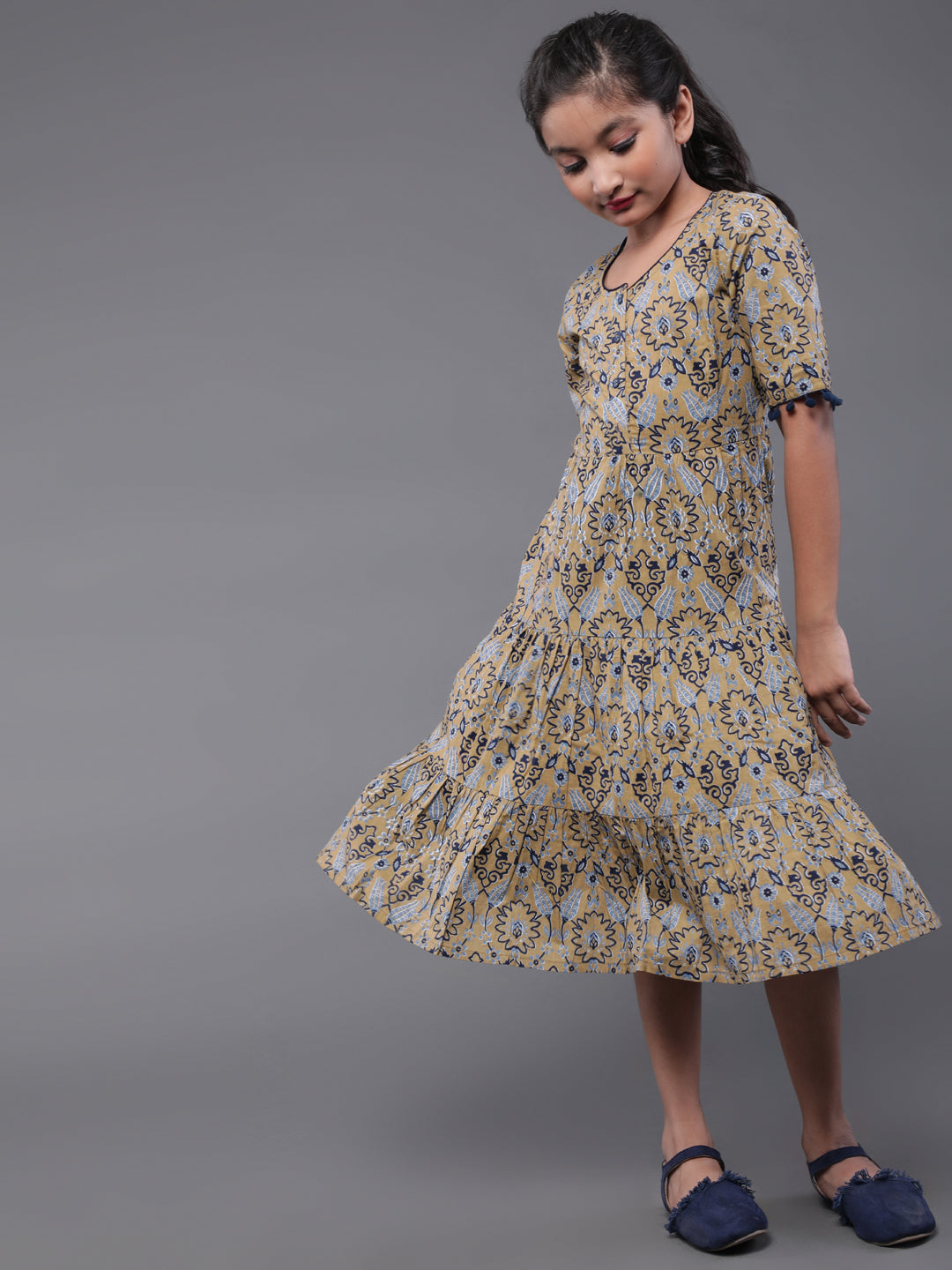 Girl's Beige Printed Tiered Dress - Aks Girls