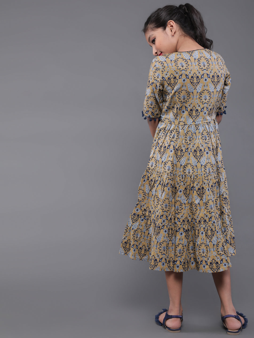 Girl's Beige Printed Tiered Dress - Aks Girls