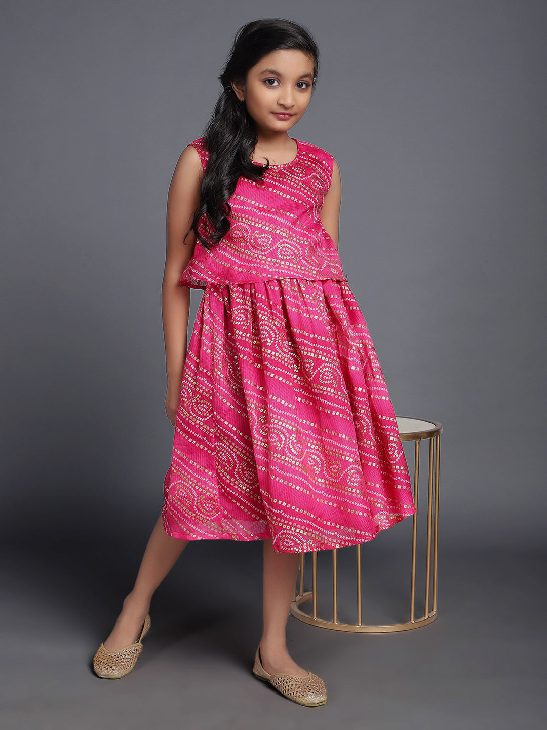 Girl's Pink Bandhani Print Layered Dress - Aks Girls