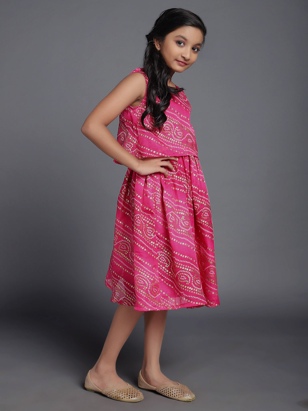 Girl's Pink Bandhani Print Layered Dress - Aks Girls