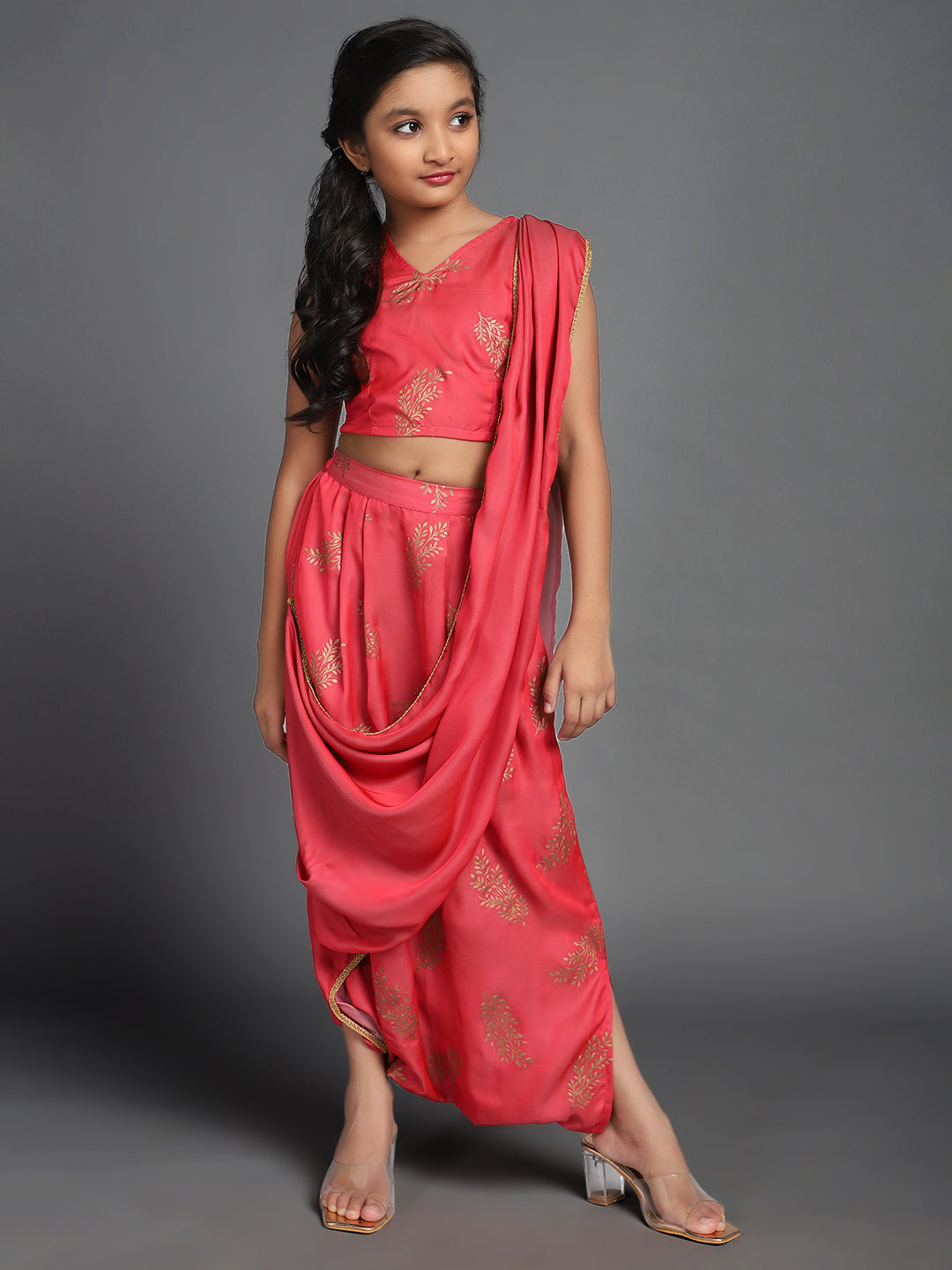 Girl's Red Foil Printed Dhoti Saree With Blouse - Aks Girls