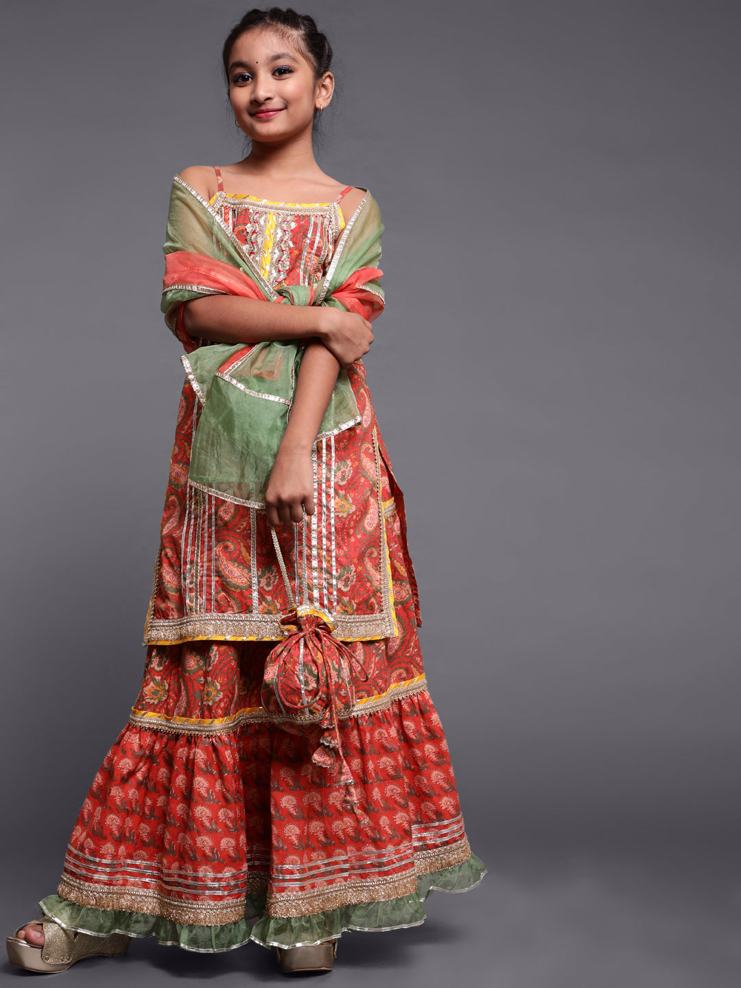 Girl's Red Floral Print Kurta Skirt With Dupatta & Potali Bag - Aks Girls