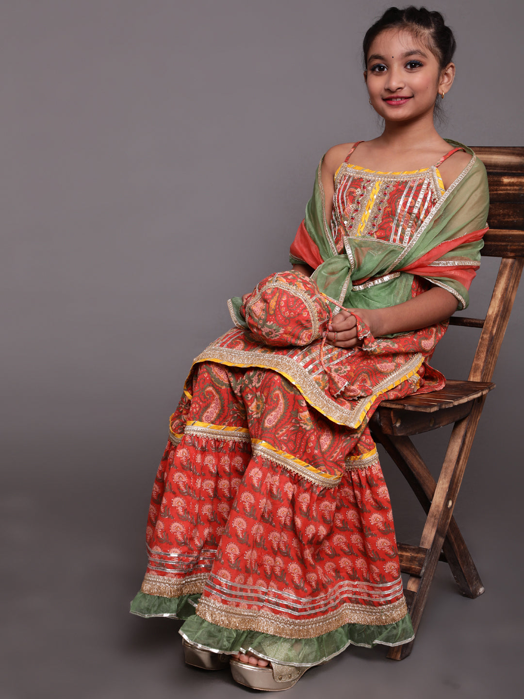 Girl's Red Floral Print Kurta Skirt With Dupatta & Potali Bag - Aks Girls