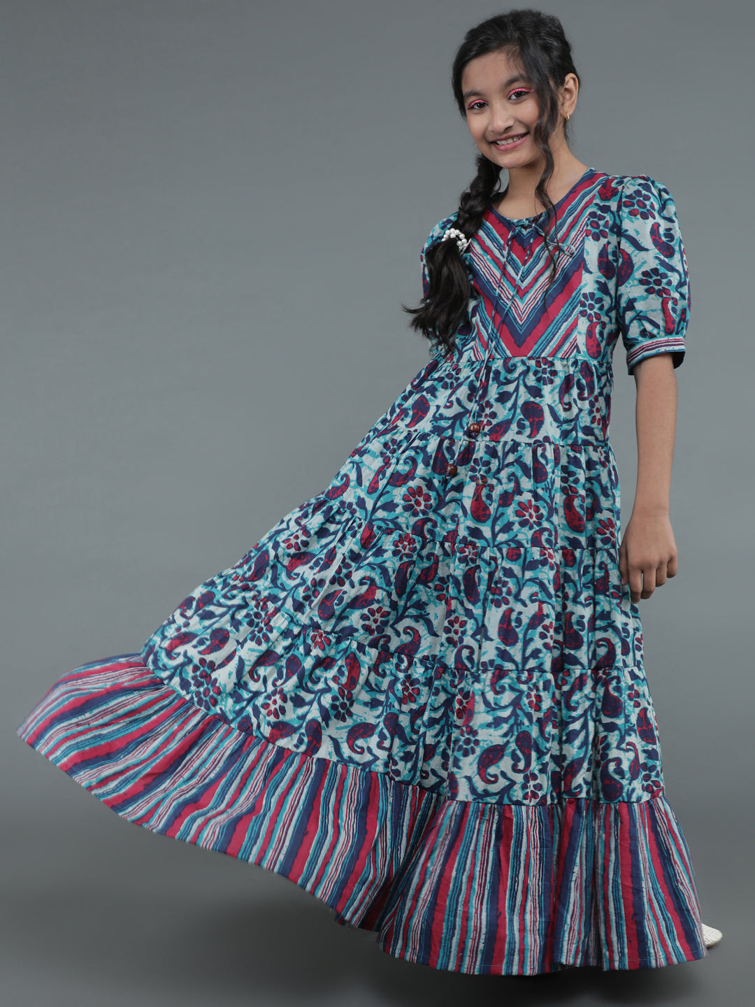 Girl's Blue Floral Print Tiered Maxi Dress - Aks Girls