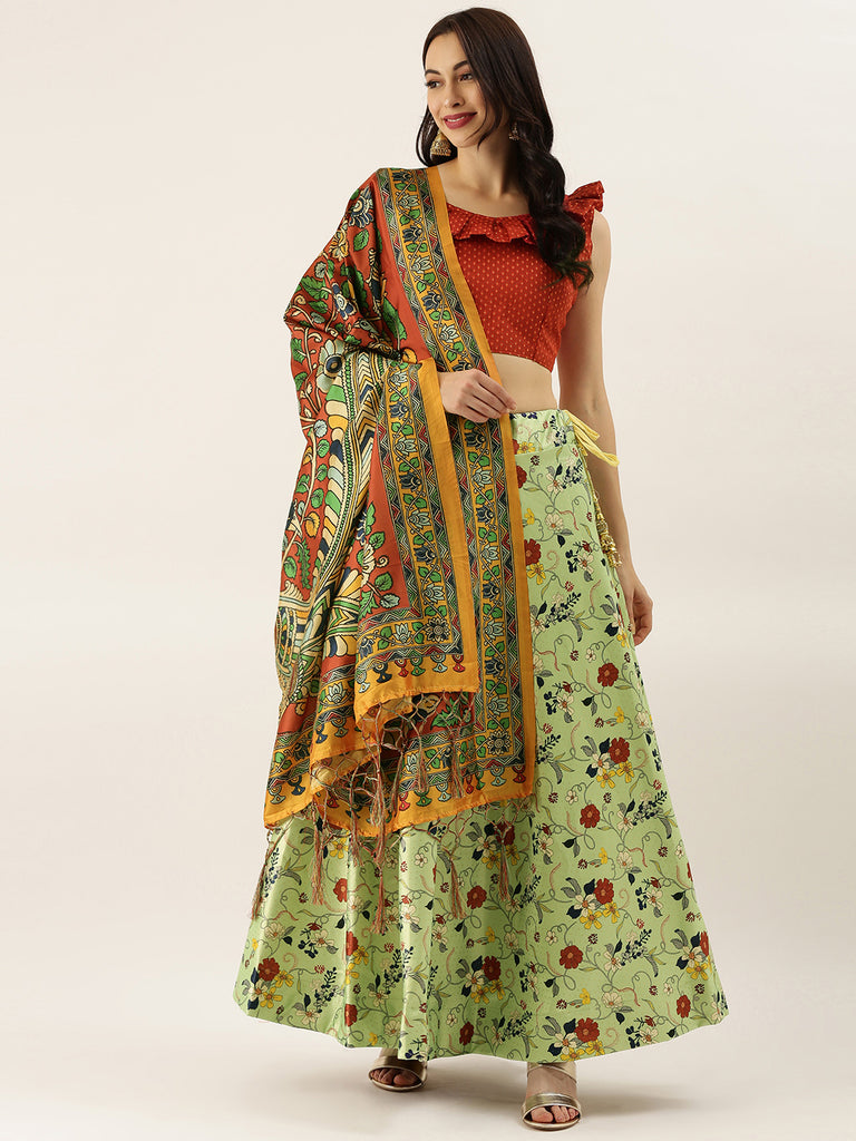 Women's Digital Print Shiney Satin Semistitched Lehenga Choli With Unstitched Blouse And Thred Work Dupatta