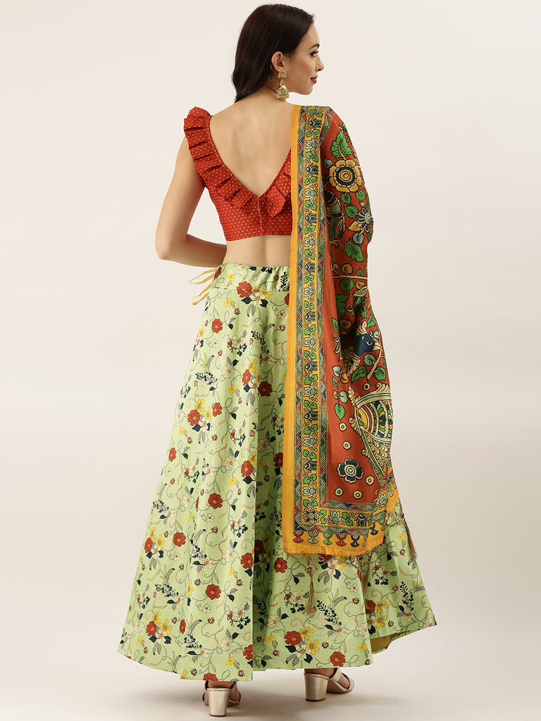 Women's Digital Print Shiney Satin Semistitched Lehenga Choli With Unstitched Blouse And Thred Work Dupatta