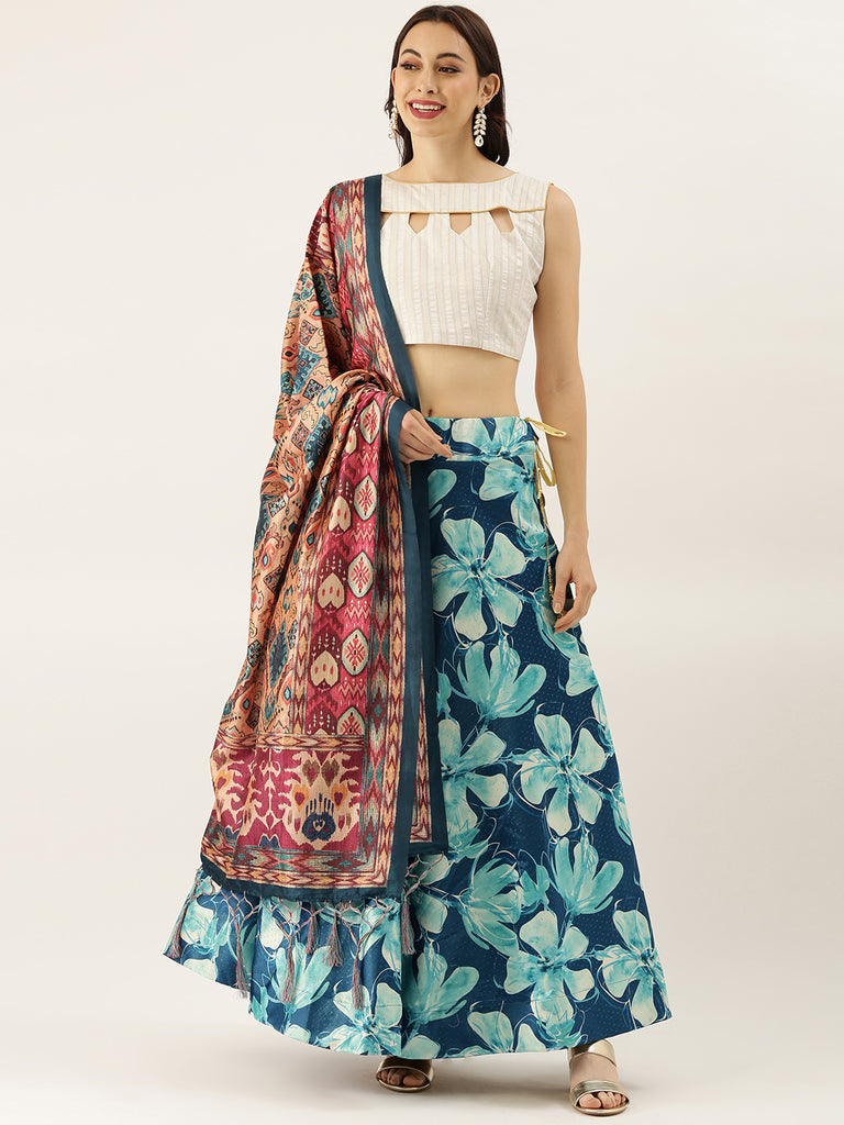 Women's Digital Print Shiney Satin Semistitched Lehenga Choli With Unstitched Blouse And Thred Work Dupatta