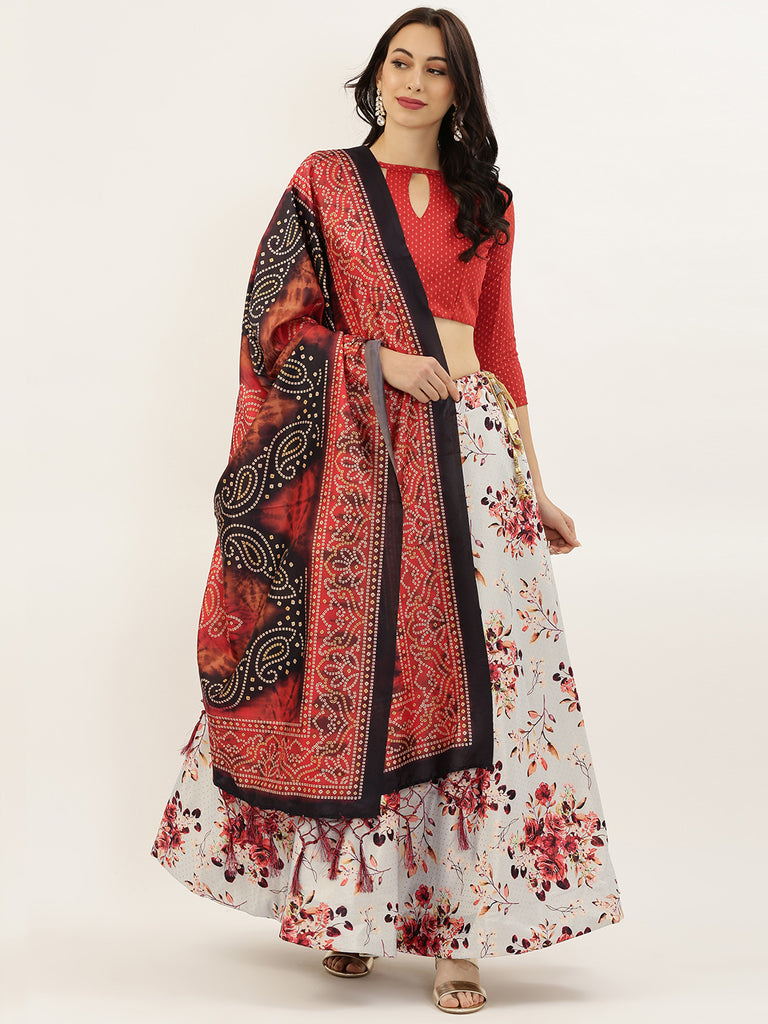 Women's Digital Print Shiney Satin Semistitched Lehenga Choli With Unstitched Blouse And Thred Work Dupatta