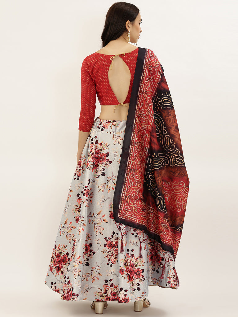 Women's Digital Print Shiney Satin Semistitched Lehenga Choli With Unstitched Blouse And Thred Work Dupatta