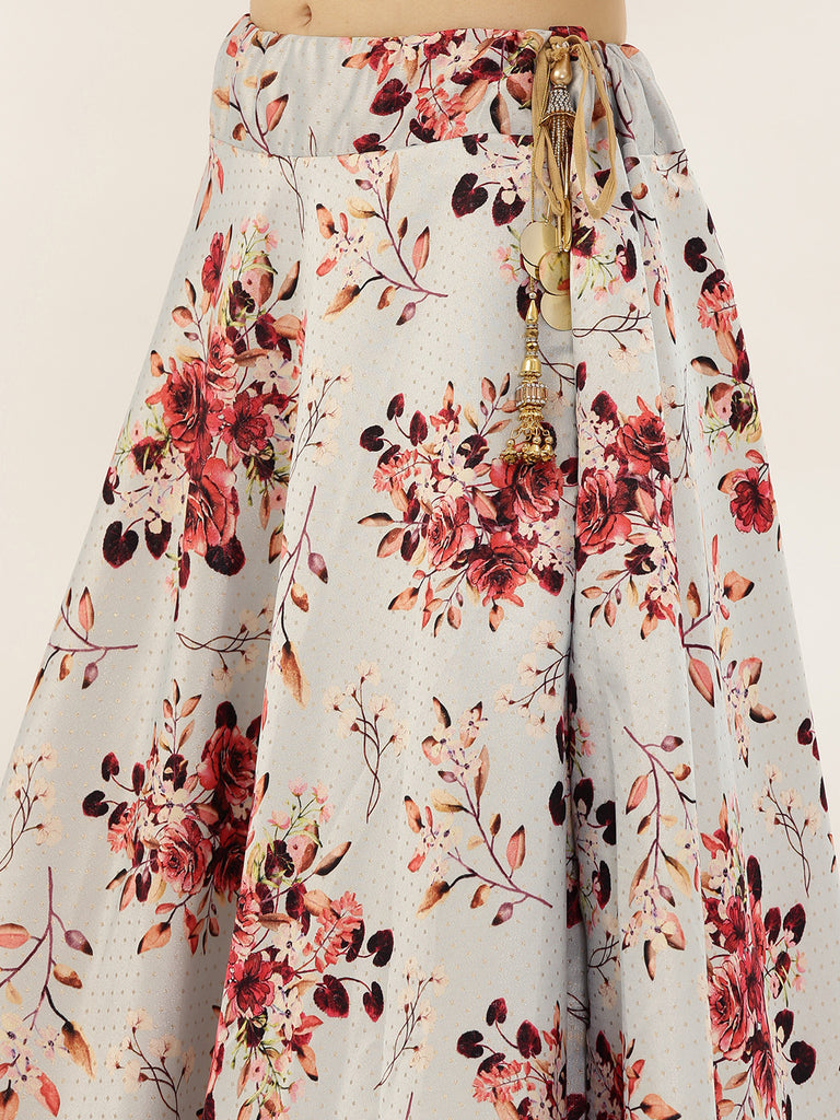 Women's Digital Print Shiney Satin Semistitched Lehenga Choli With Unstitched Blouse And Thred Work Dupatta