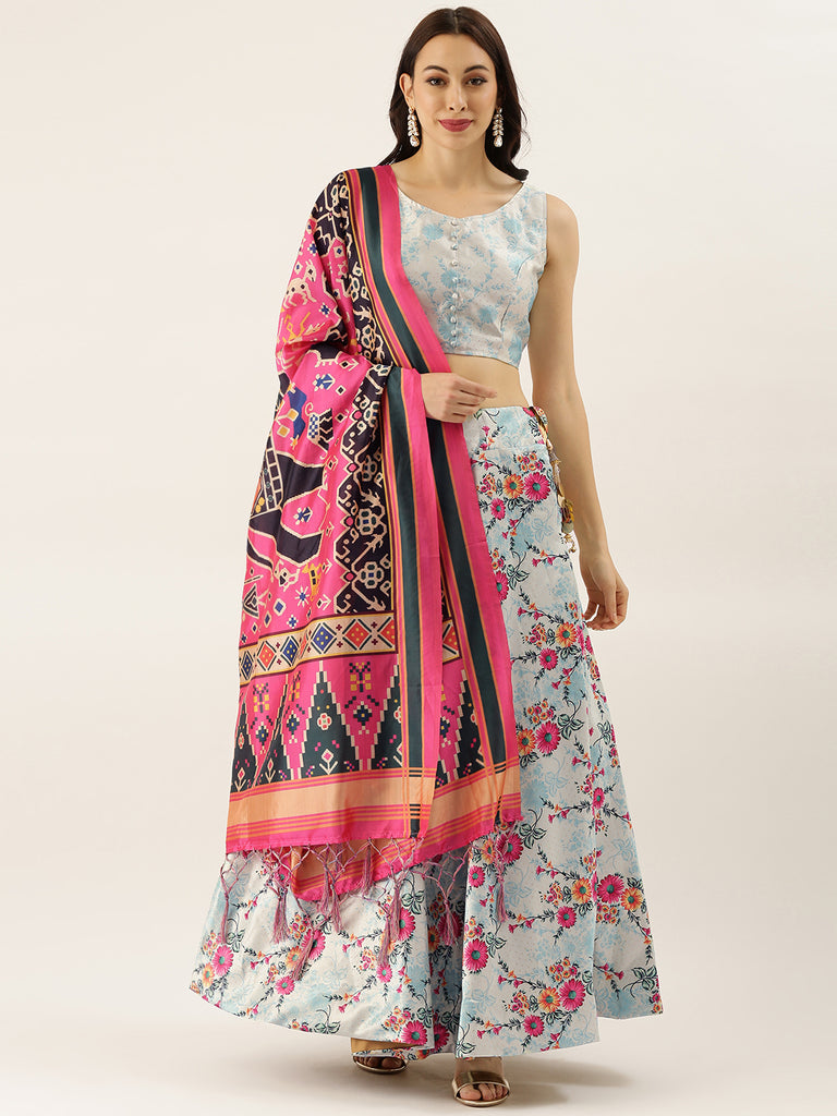 Women's Digital Print Shiney Satin Semistitched Lehenga Choli With Unstitched Blouse And Thred Work Dupatta