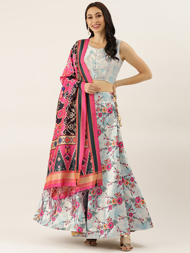 Women's Digital Print Shiney Satin Semistitched Lehenga Choli With Unstitched Blouse And Thred Work Dupatta
