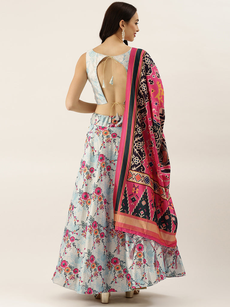 Women's Digital Print Shiney Satin Semistitched Lehenga Choli With Unstitched Blouse And Thred Work Dupatta