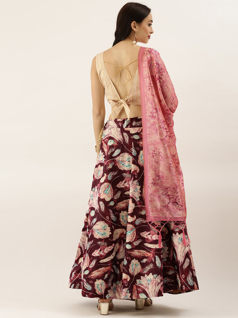 Women's Digital Print Shiney Satin Semistitched Lehenga Choli With Unstitched Blouse And Thred Work Dupatta