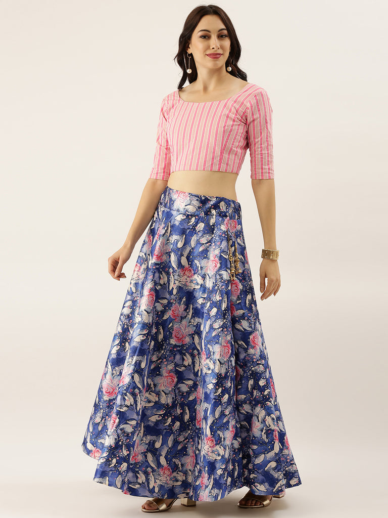 Women's Digital Print Shiney Satin Semistitched Lehenga Choli With Unstitched Blouse And Thred Work Dupatta