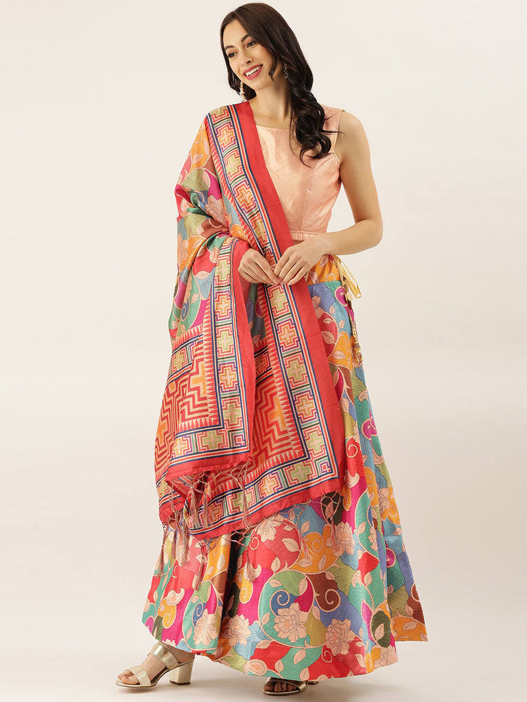 Women's Digital Print Shiney Satin Semistitched Lehenga Choli With Unstitched Blouse And Thred Work Dupatta