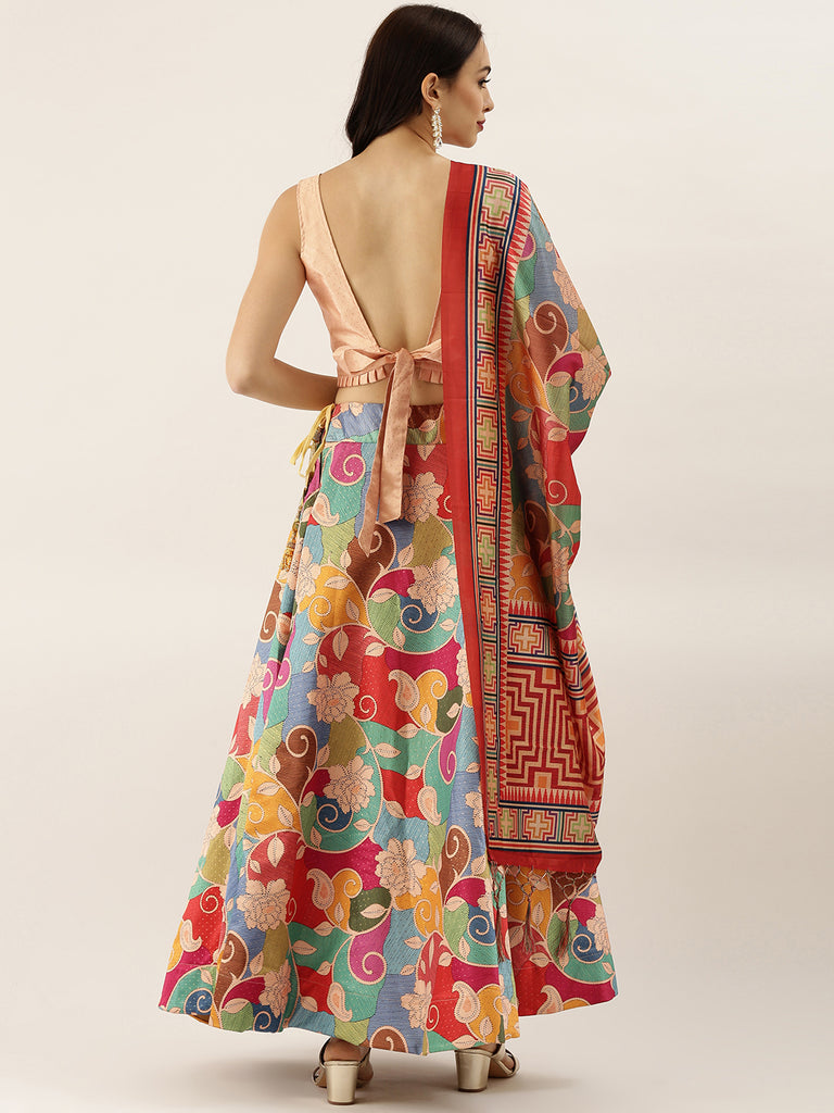 Women's Digital Print Shiney Satin Semistitched Lehenga Choli With Unstitched Blouse And Thred Work Dupatta