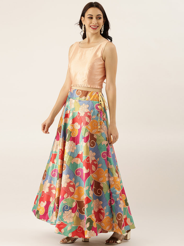 Women's Digital Print Shiney Satin Semistitched Lehenga Choli With Unstitched Blouse And Thred Work Dupatta