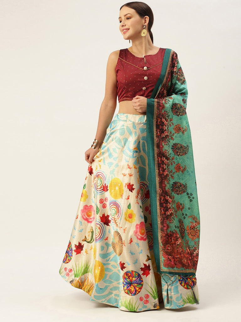 Women's Digital Print Shiney Satin Semistitched Lehenga Choli With Unstitched Blouse And Thred Work Dupatta