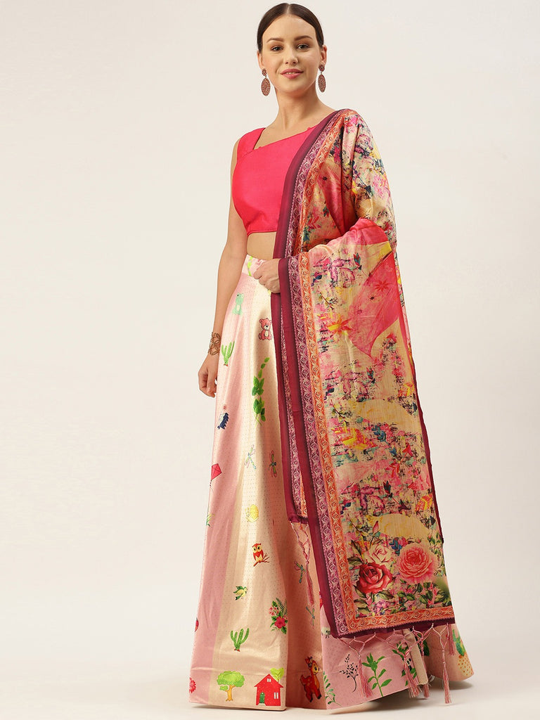Women's Digital Print Shiney Satin Semistitched Lehenga Choli With Unstitched Blouse And Thred Work Dupatta
