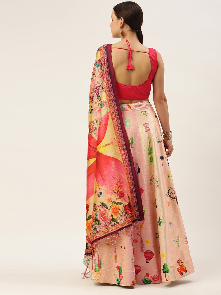 Women's Digital Print Shiney Satin Semistitched Lehenga Choli With Unstitched Blouse And Thred Work Dupatta