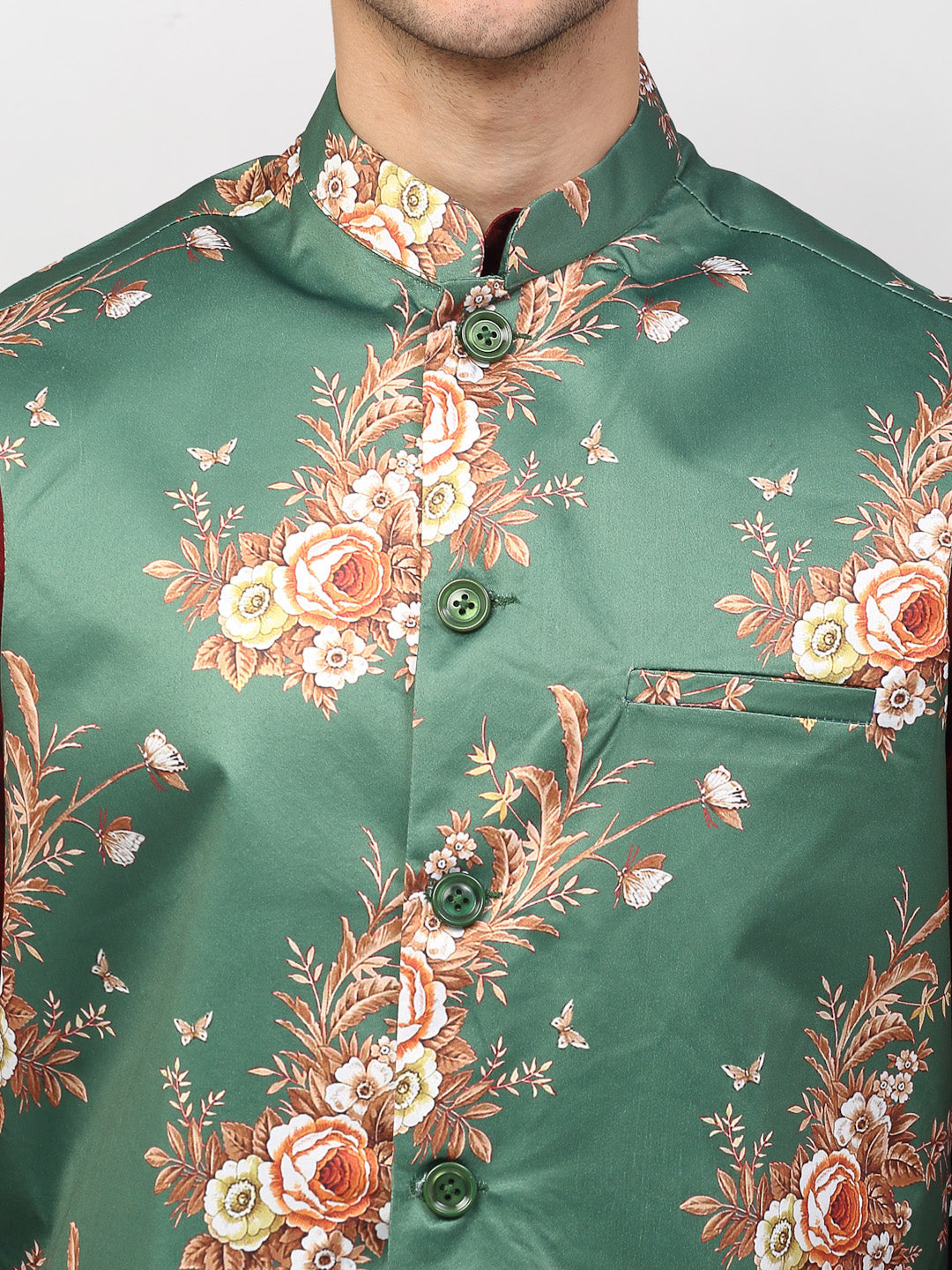 Men's Green Printed Nehru Jacket ( JOWC 4007Green ) - Virat Fashions