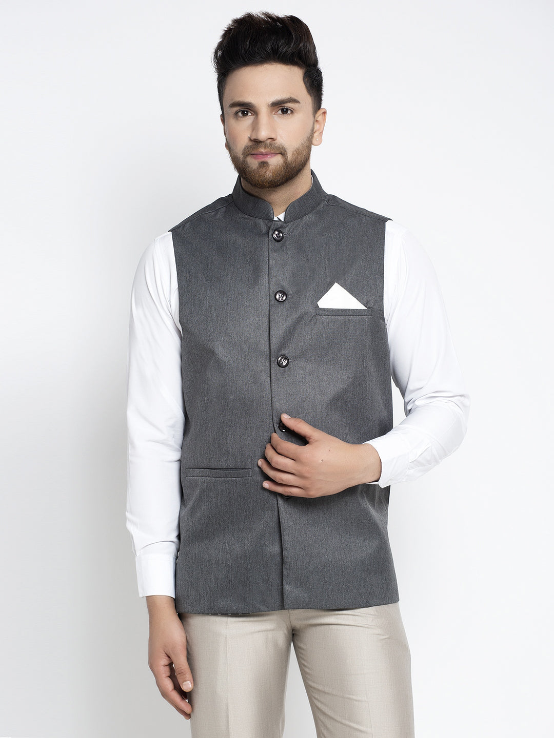 Men's Grey Melange Solid Nehru Jacket ( JOWC 4021Charcoal ) - Virat Fashions
