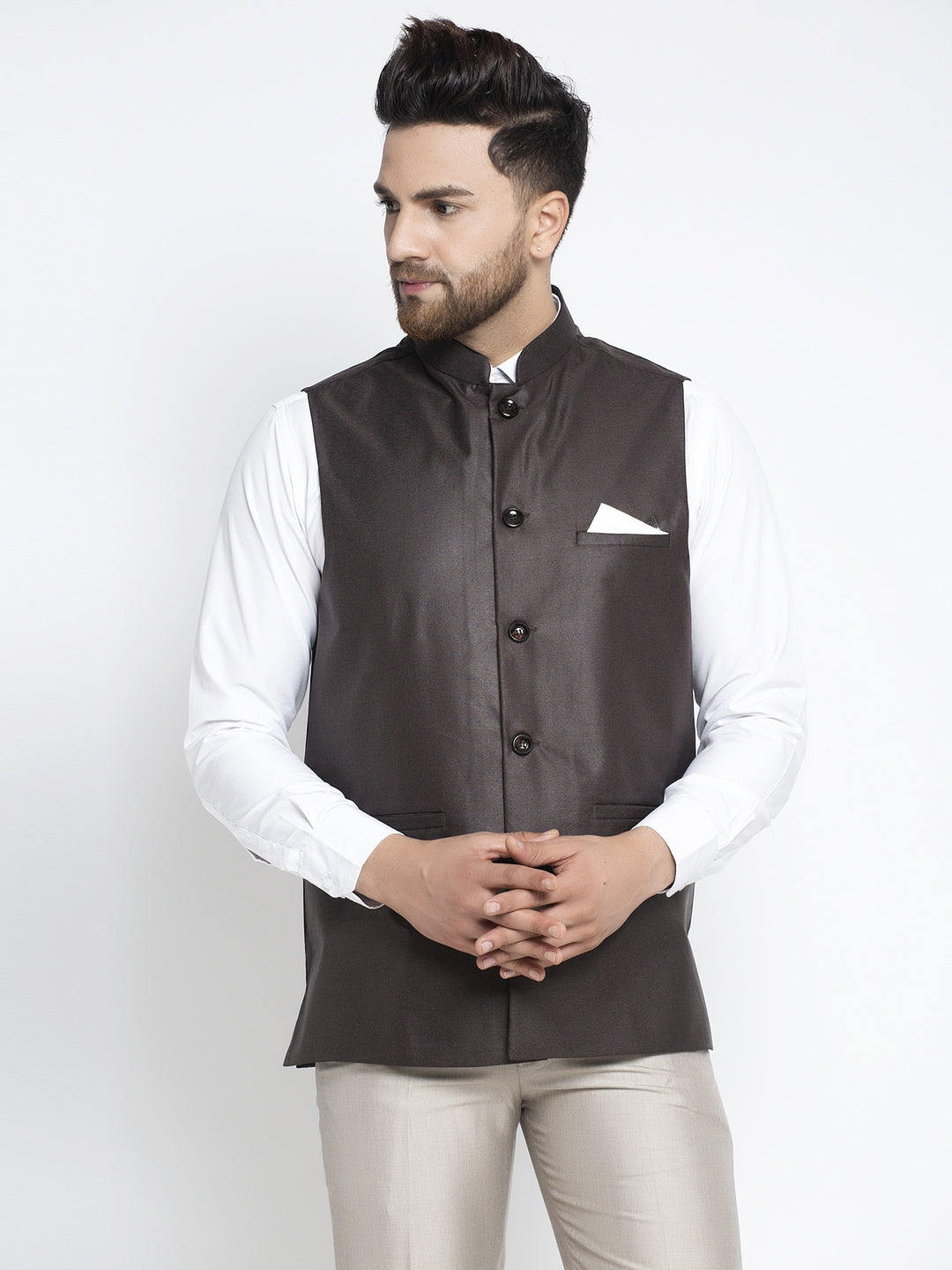Men's Brown Solid Nehru Jacket ( JOWC 4021Coffee ) - Virat Fashions