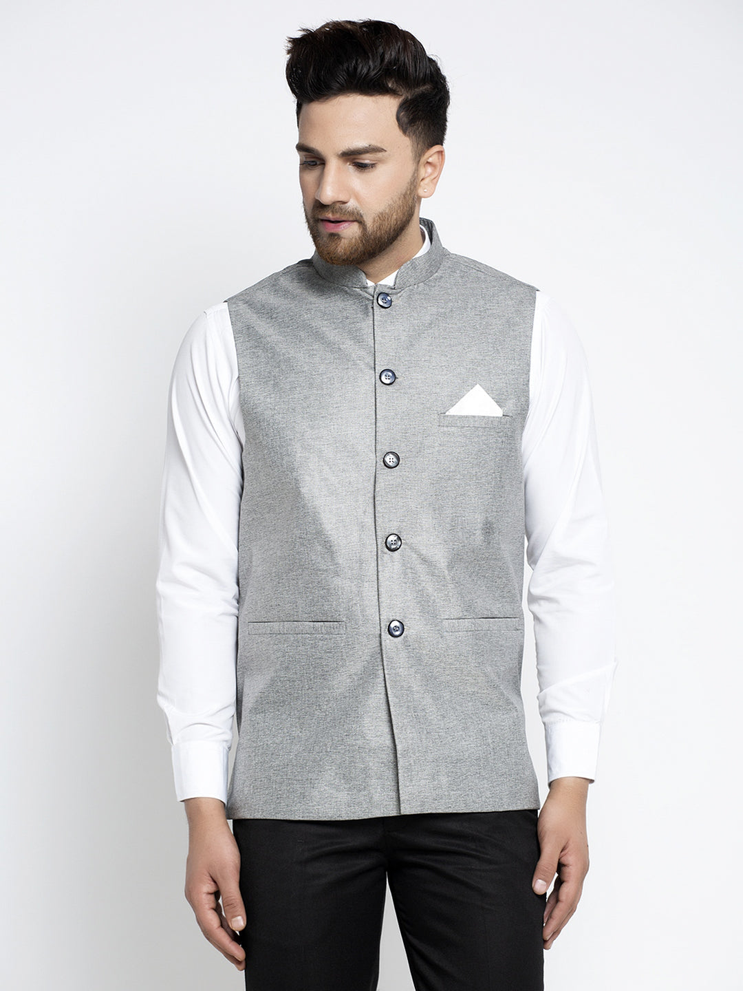 Men's Grey Solid Nehru Jacket ( JOWC 4021Grey ) - Virat Fashions