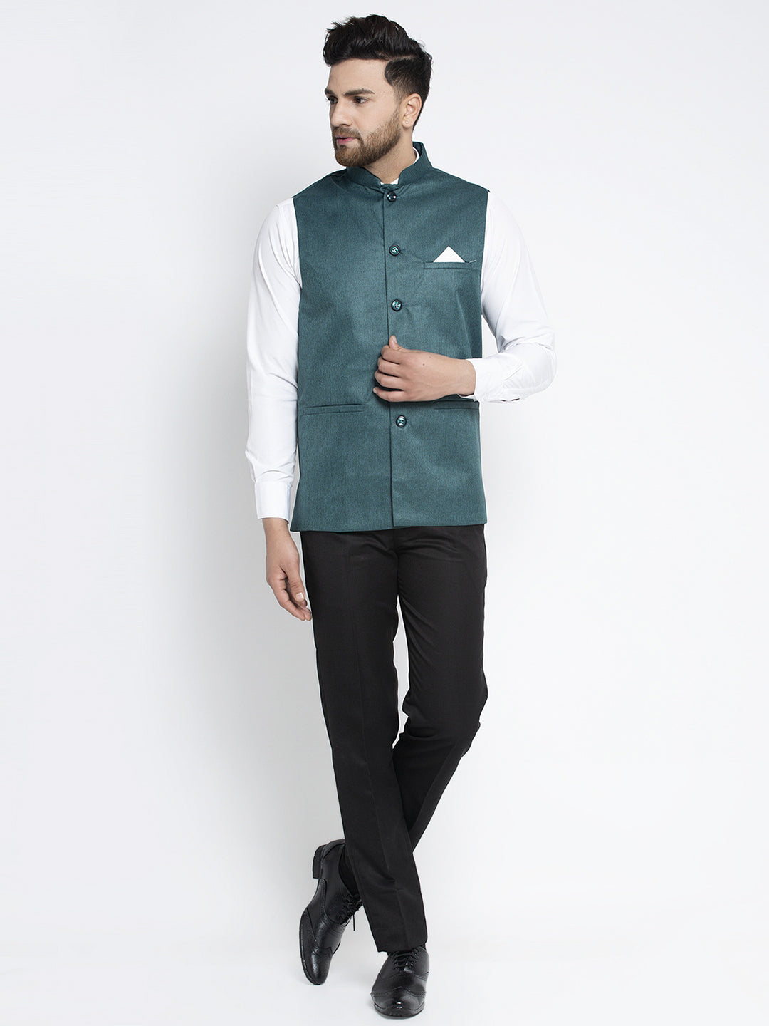 Men's Teal Solid Nehru Jacket ( JOWC 4021Teal ) - Virat Fashions