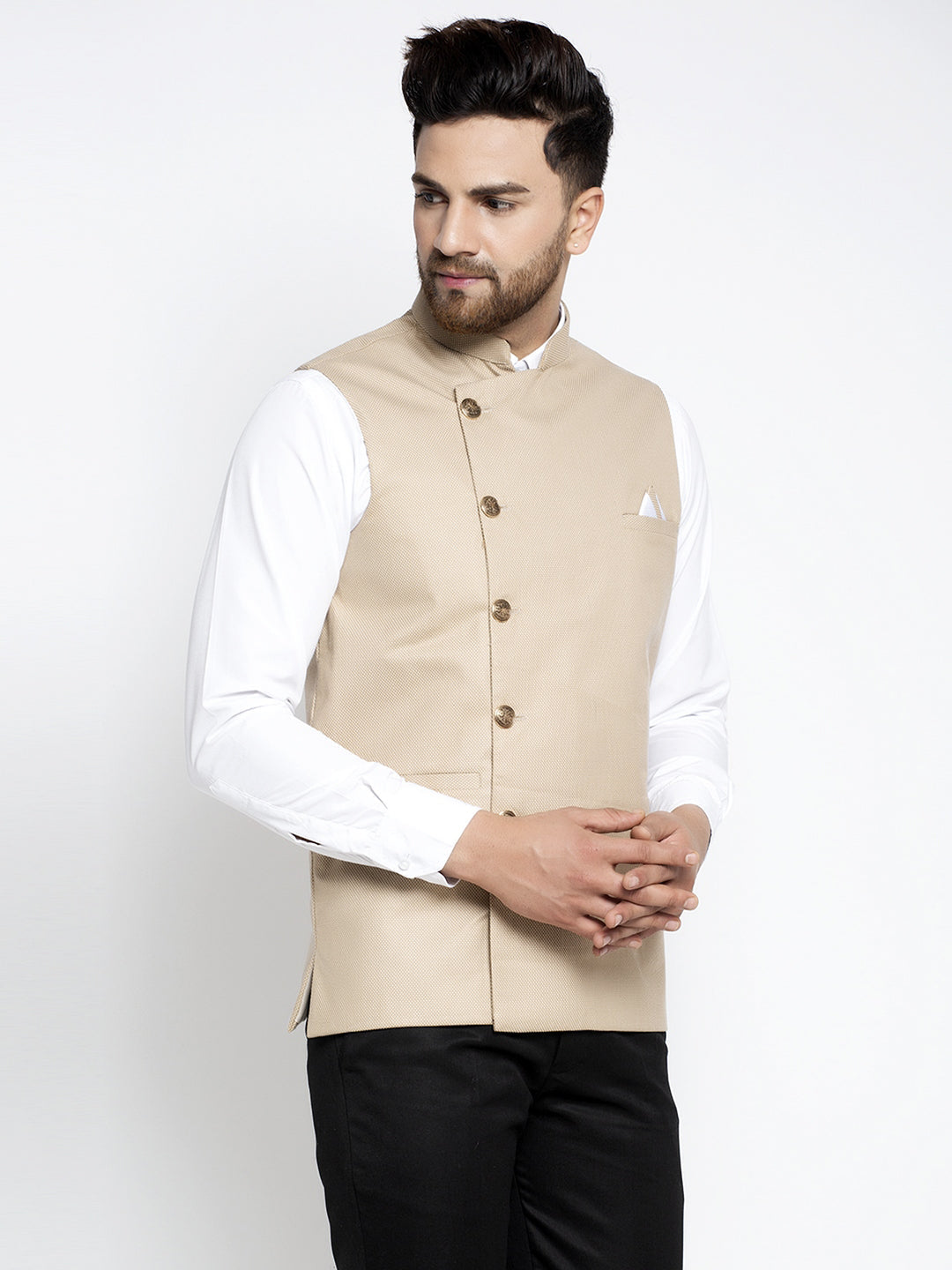 Men's Beige Nehru Jacket ( JOWC 4022Beige ) - Virat Fashions