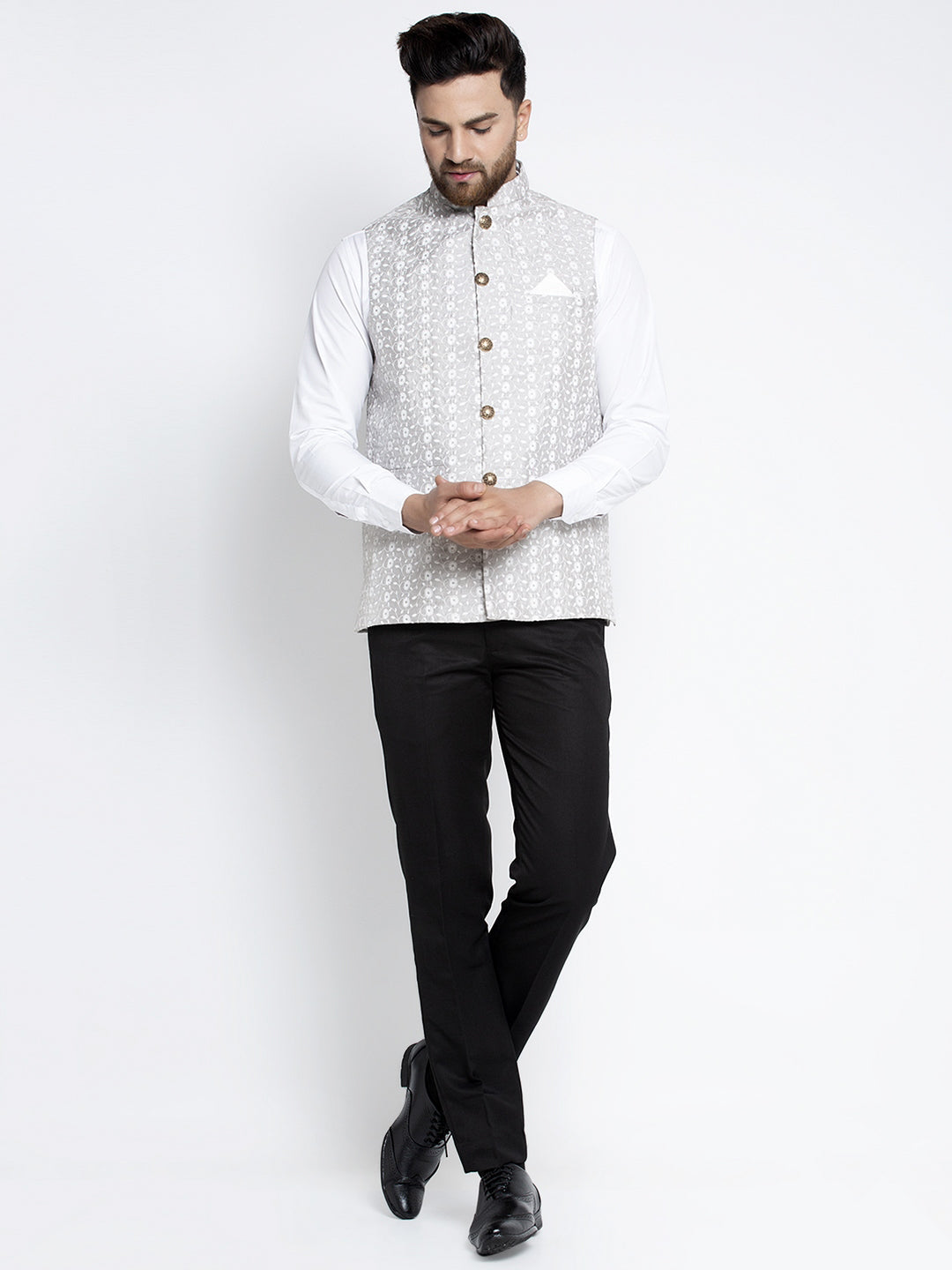 Men's Grey Embroidered Nehru Jacket ( JOWC 4023Grey ) - Virat Fashions