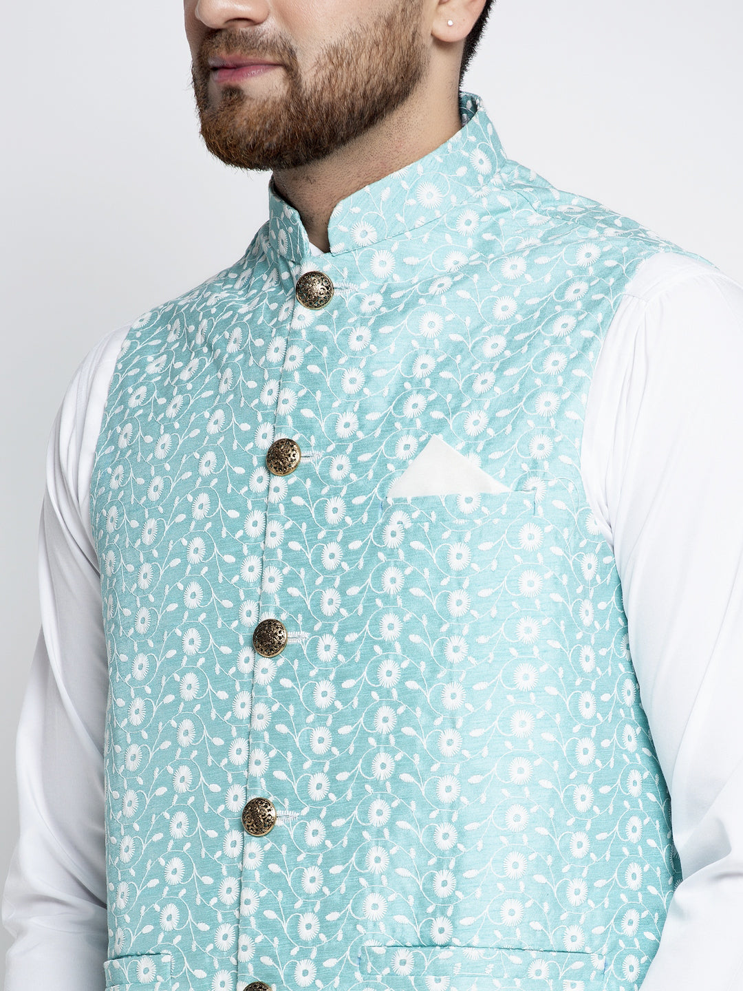 Men's Blue Embroidered Nehru Jacket ( JOWC 4023Sky ) - Virat Fashions