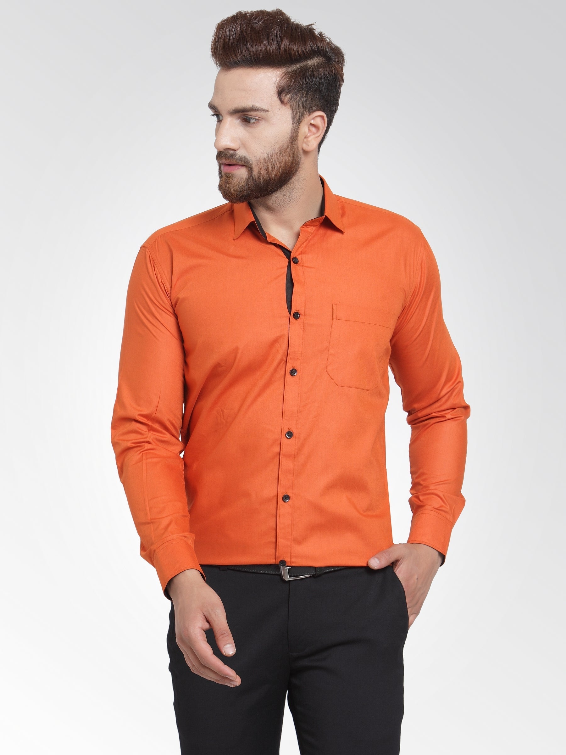 Men's Dark Orange Formal Shirt with black detailing ( SF 411DO ) - Jainish