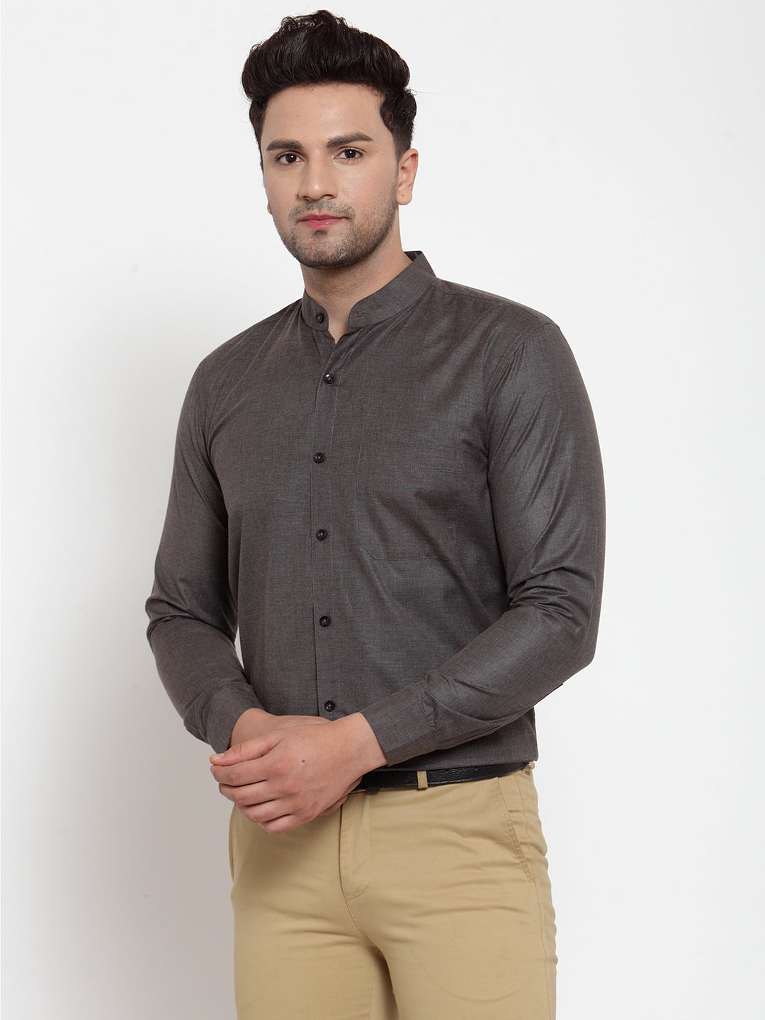 Men's Grey Melange Cotton Solid Mandarin Collar Formal Shirts ( SF 726Charcoal ) - Jainish
