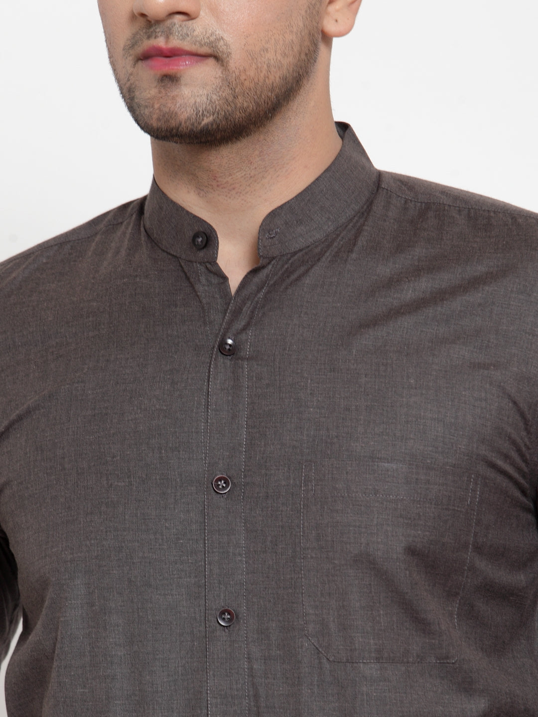 Men's Grey Melange Cotton Solid Mandarin Collar Formal Shirts ( SF 726Charcoal ) - Jainish
