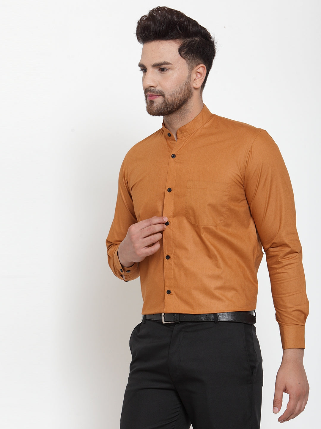 Men's Rust Cotton Solid Mandarin Collar Formal Shirts ( SF 726Rust ) - Jainish