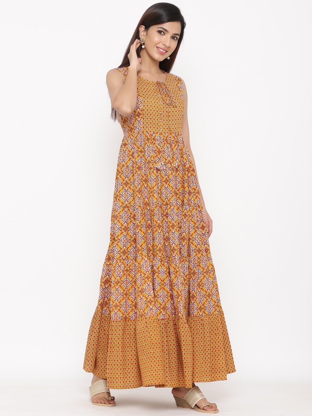 Women's Cotton Fabric Mustard Yellow & Red Floral Printed Ethnic Maxi Dress Sleeveless - Kipek