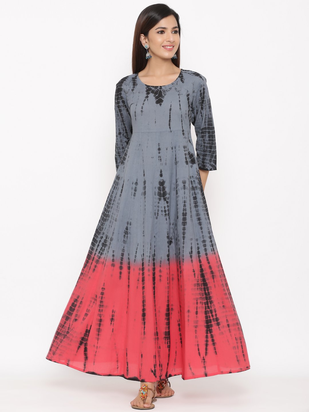 Women's Grey Tie-Dye Cotton Anarkali Kurta by Kipek (1 Pc Set)