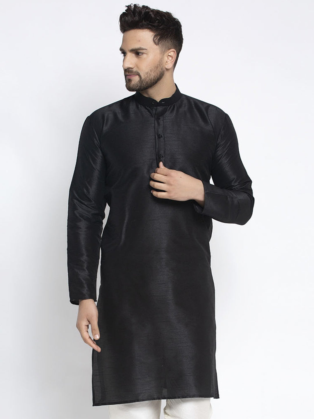 Men's Black Solid Dupion Silk Kurta Only( KO 636 Black ) - Virat Fashions