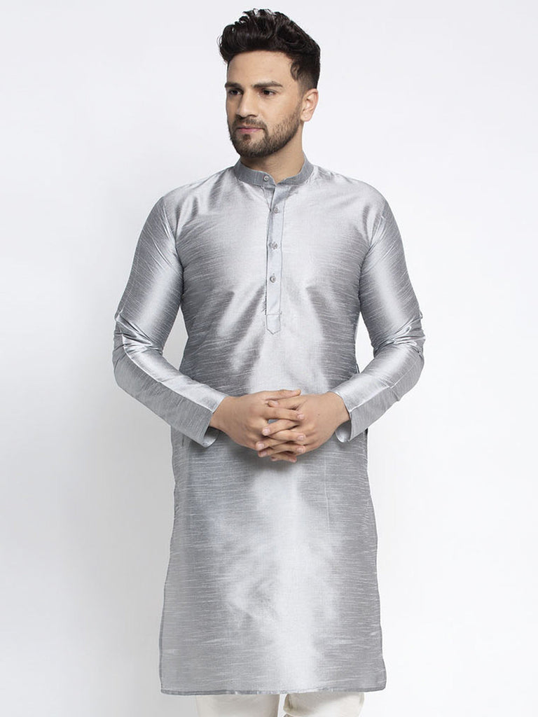 Men's Silver Solid Dupion Silk Kurta Only( KO 636 Silver )