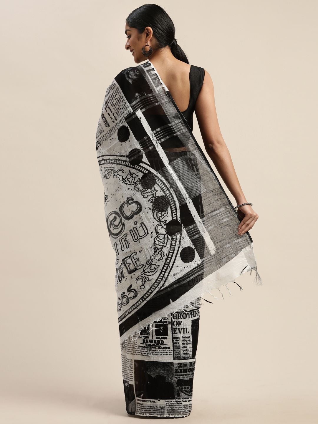 Women's Handloom Cotton Linen News Paper Printed Saree - Olive Mist