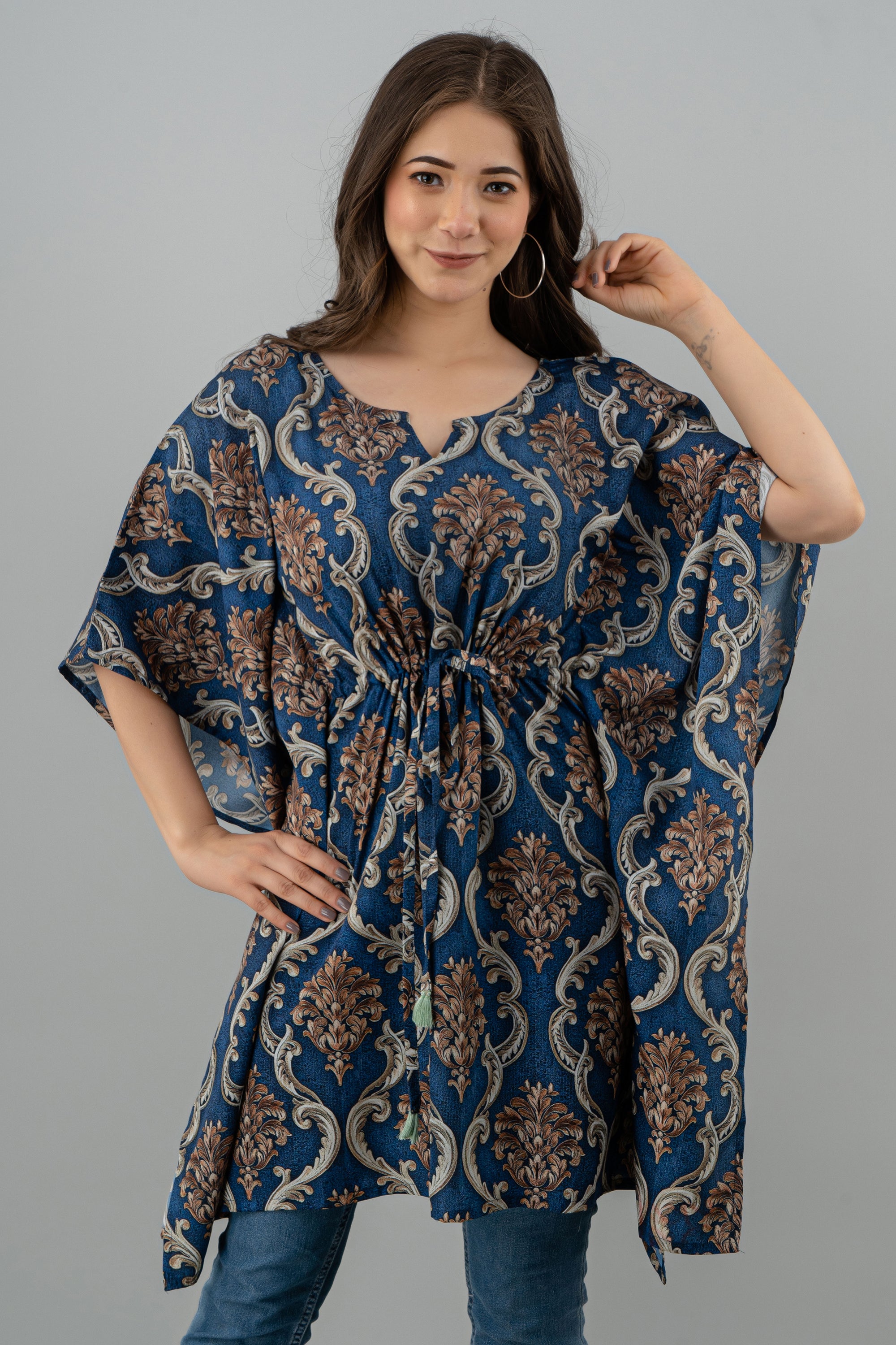 Women's Blue abstract pattern rayon kaftan top - MISSKURTI