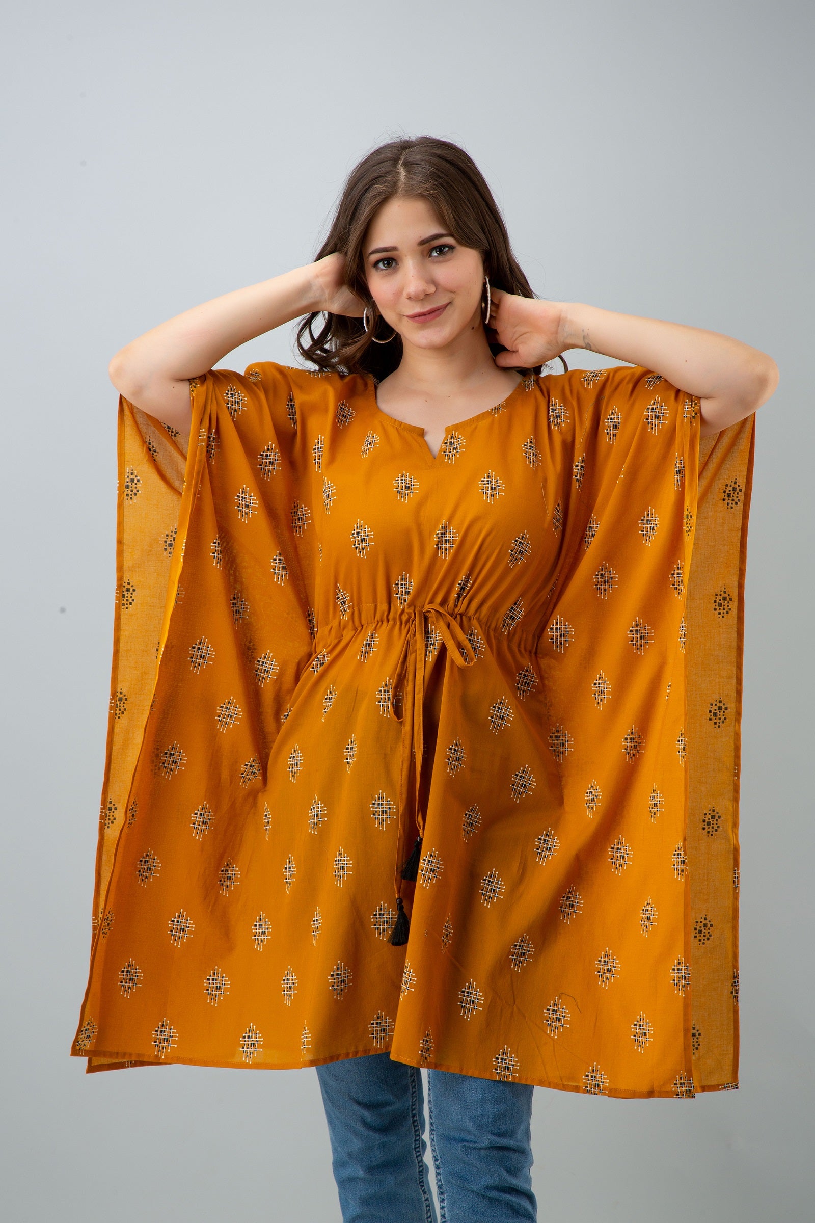 Women's Mustard abstract pattern rayon kaftan top - MISSKURTI