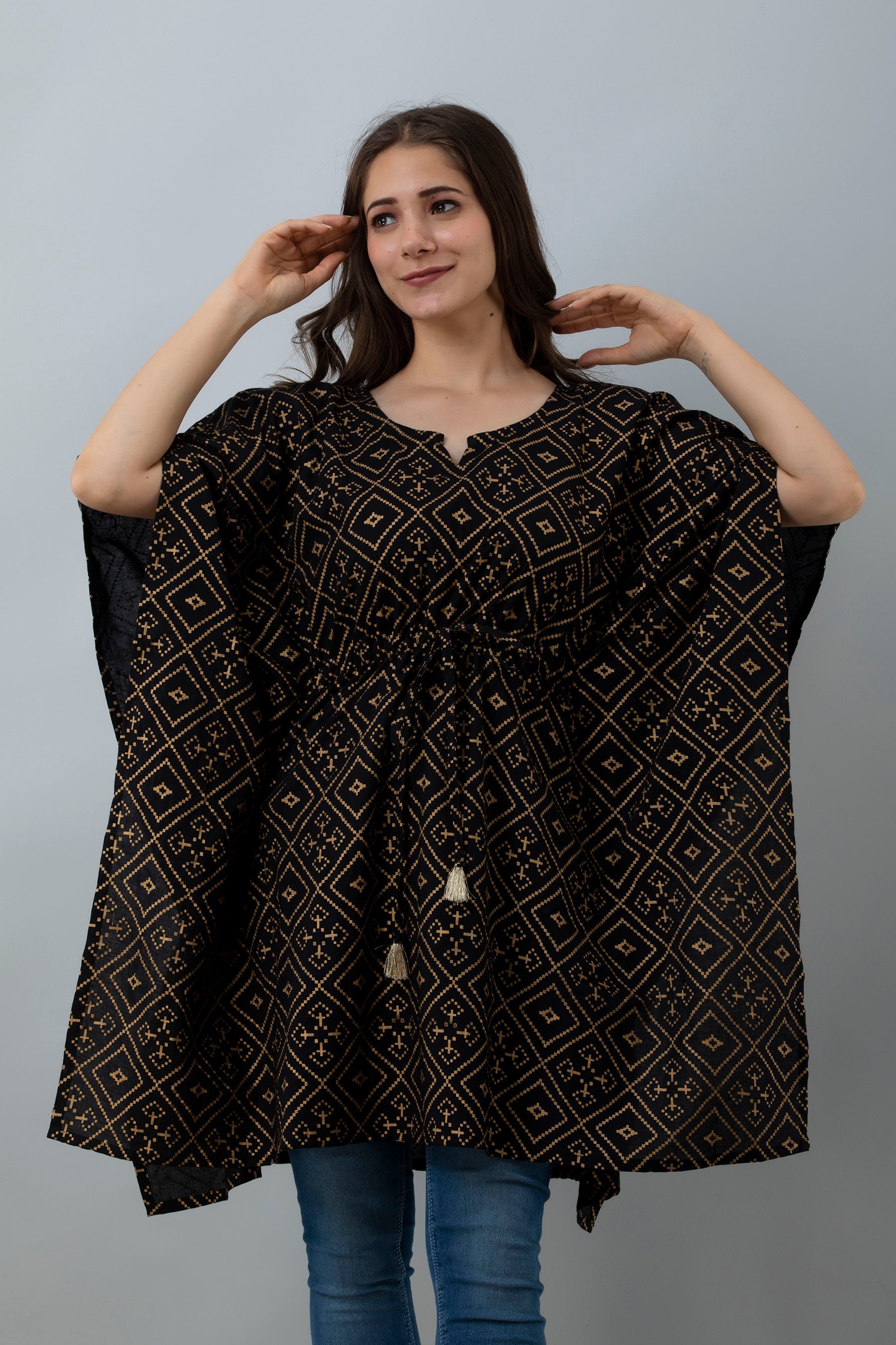 Women's Black aztec pattern rayon kaftan top - MISSKURTI