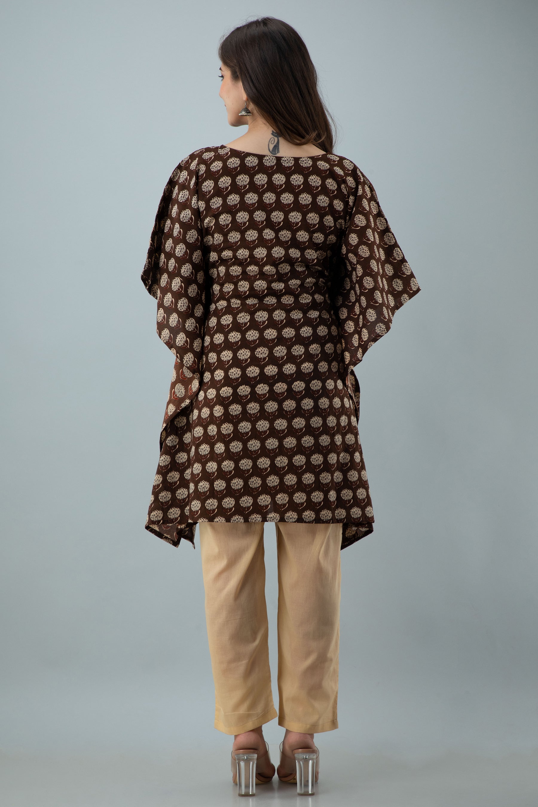 Women's Brown floral print rayon kaftan top - MISSKURTI