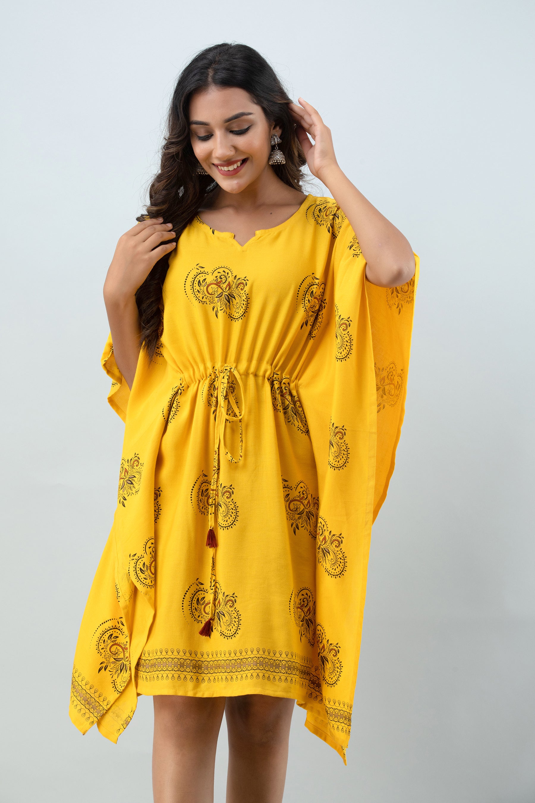 Women's Ethnic motif printed yellow kaftan top - MISSKURTI