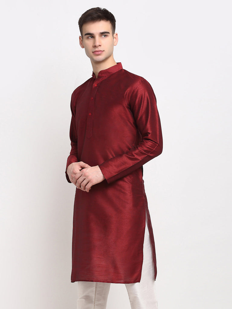 Men's Maroon Solid Dupion Silk Kurta Only ( Ko 636 Maroon )