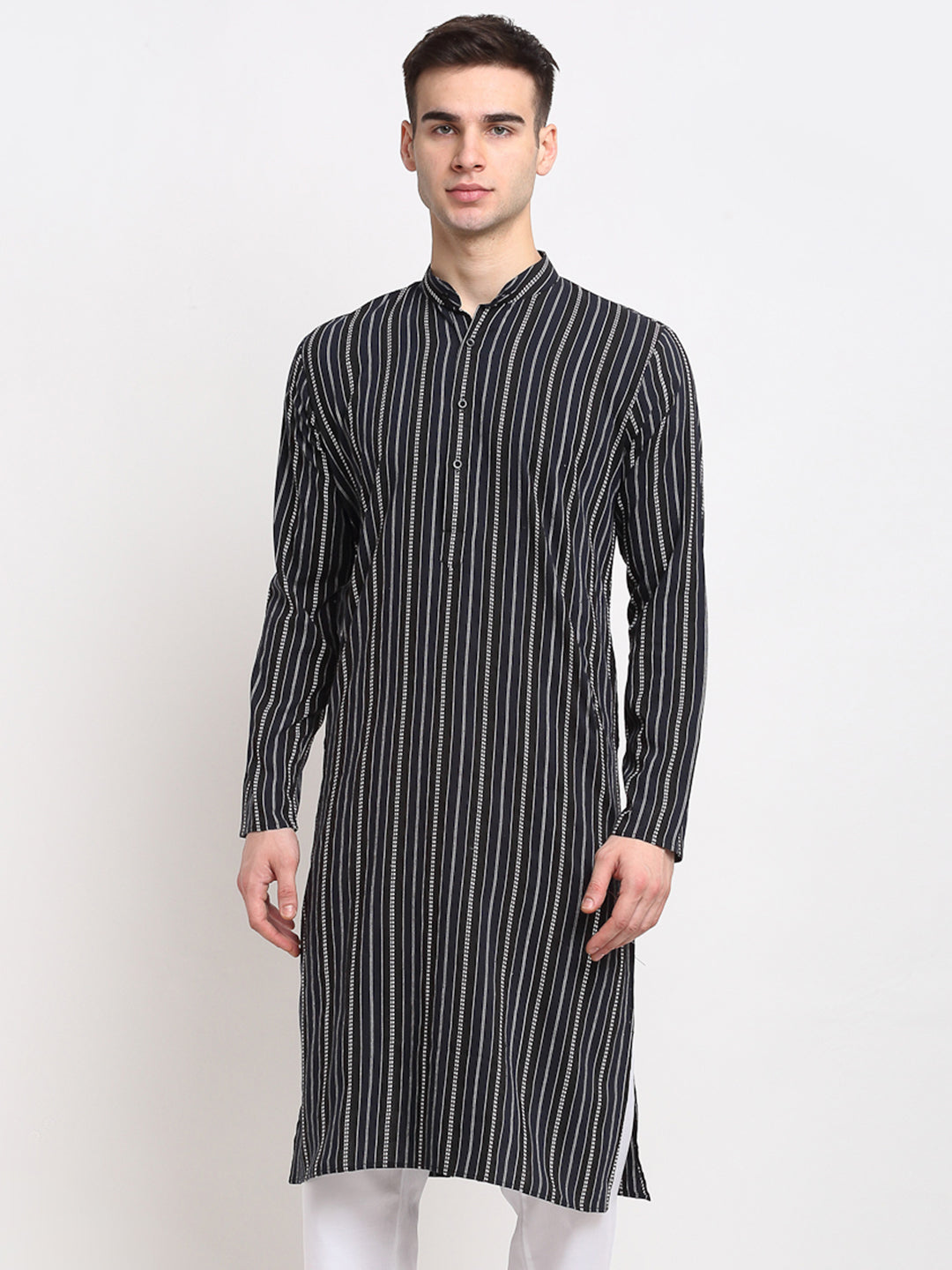 Men's Black Cotton Striped Kurta Only ( KO 643 Black ) - Virat Fashions