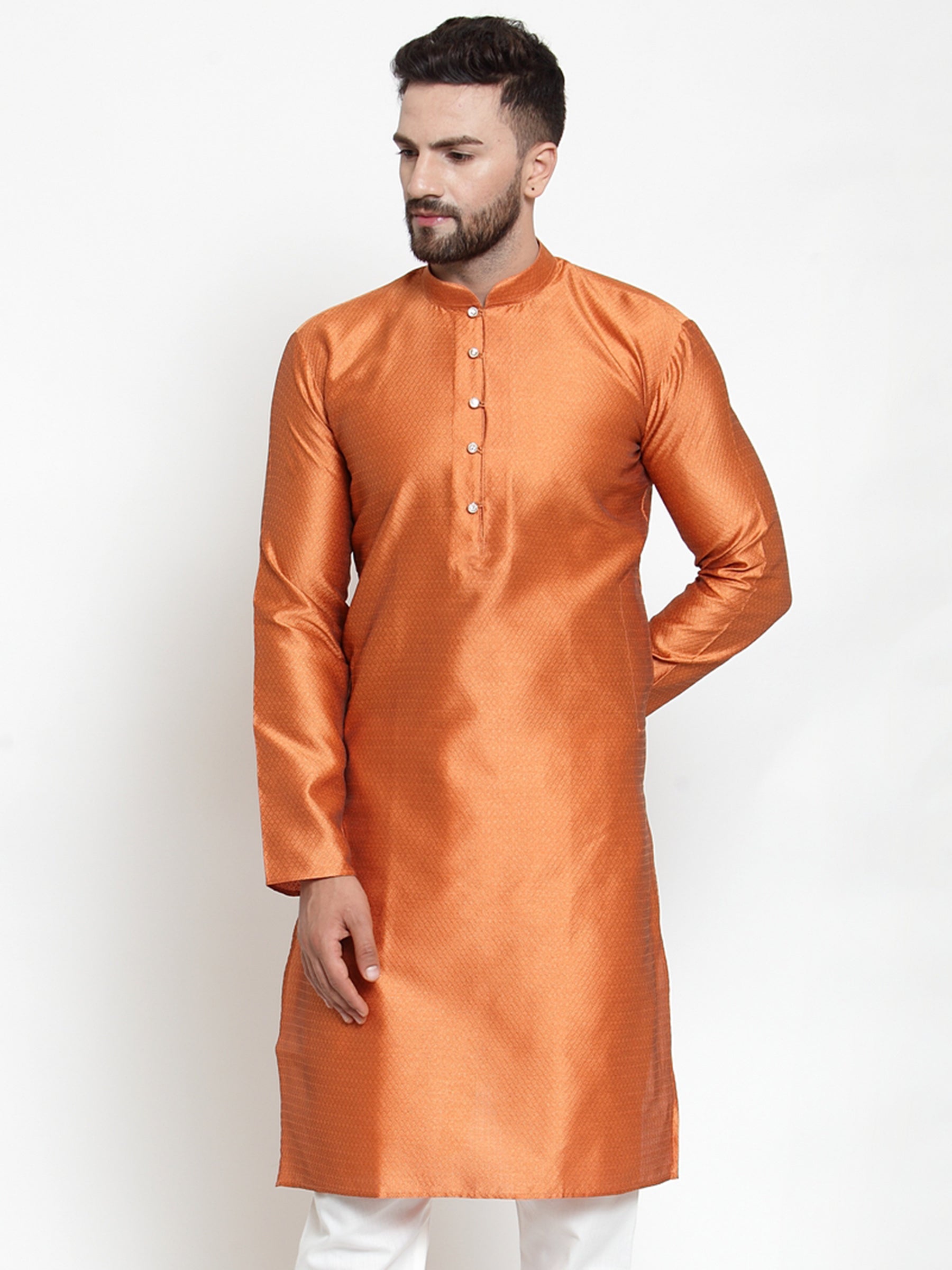 Men's Orange & White Self Design Kurta Only ( KO 589 Orange ) - Virat Fashions